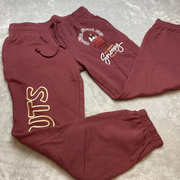 Peanuts Snoopy Sweatpants Joggers Womens S Burgundy Woodstock Drawstring Waist - Picture 1 of 11
